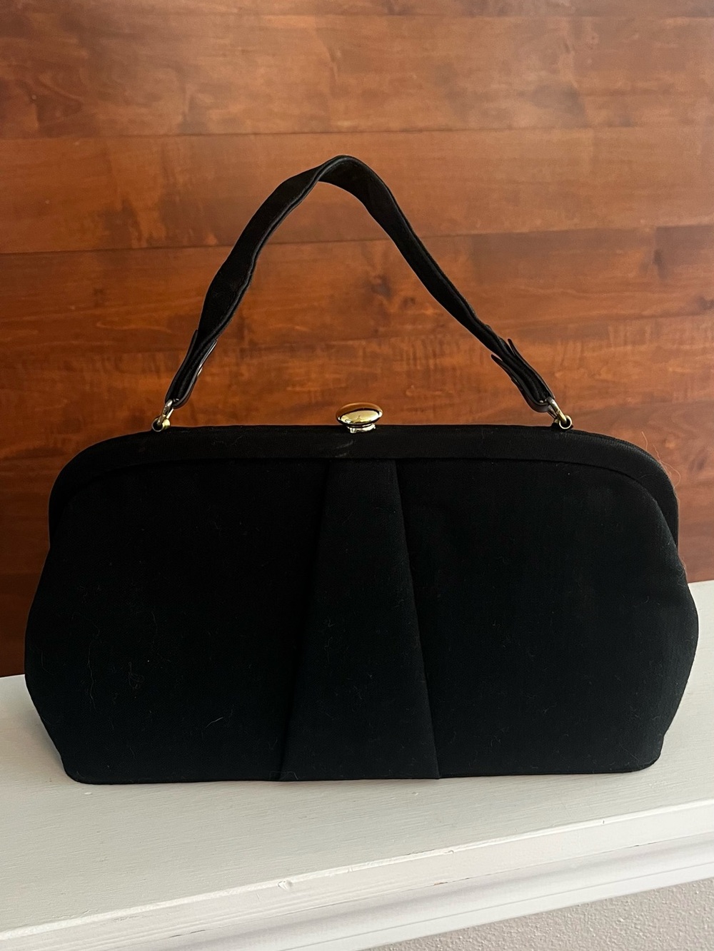 Vintage Classic Black Fabric Top-Handle Bag Gold Tone Clasp